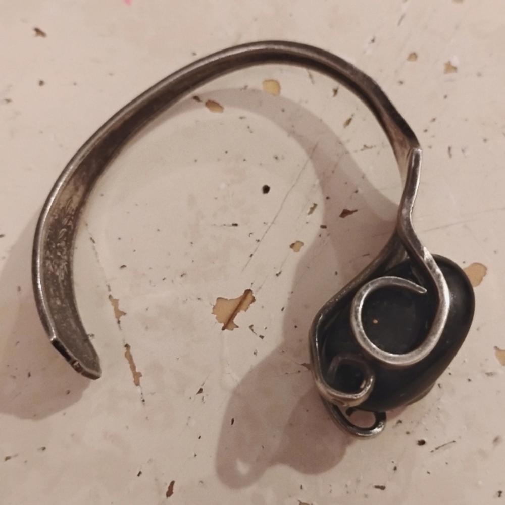 Elegant Silver Plate Bended Fork With Black Stone Men's Bracelet